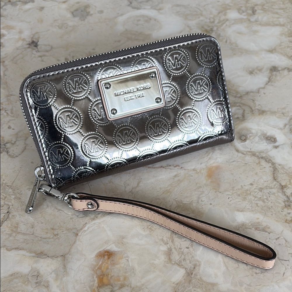 Michael Kors Jet Set Monogrammed Metallic Zippered Wallet/Wristlet